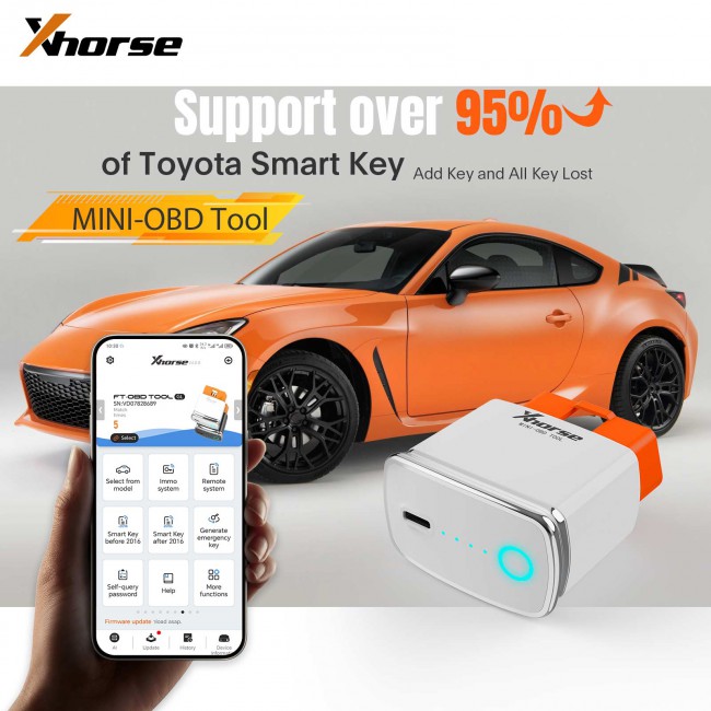 Xhorse XDMOT0GL Toyota MINI OBD TOOL FT OBD Tool Support Over 90% of Toyota Smart Key Support Add Key All Key Lost Work with Mobile Phone APP