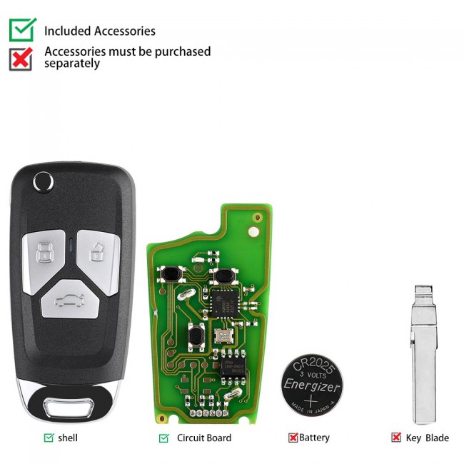 XHORSE XKAU01EN VVDI Universal Flip Wired Remote Key for AUDI 3 Button